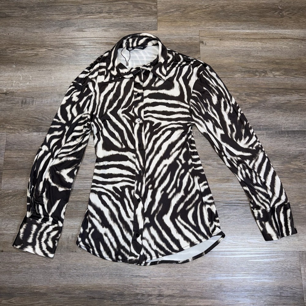 Zara Black White Zebra Print Long-Sleeve Button-Down Shirt Womens Small